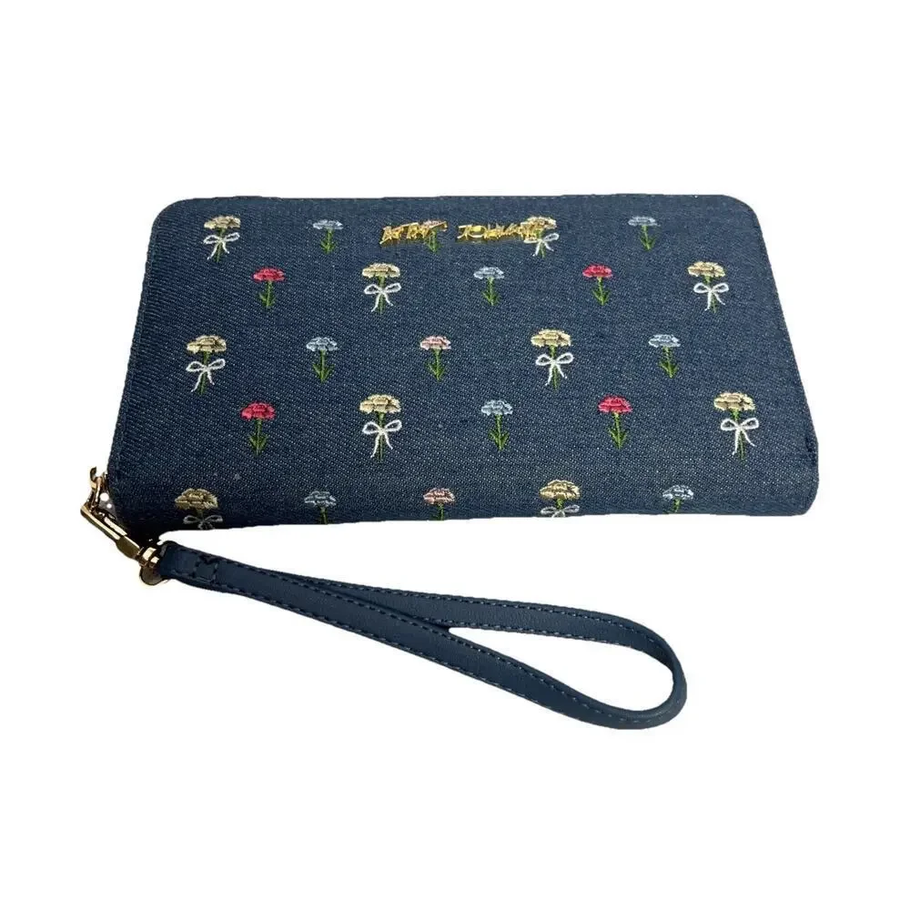 NWT Betsey Johnson Zip Around Wallet Wristlet Blue Denim W Embroidered Flowers